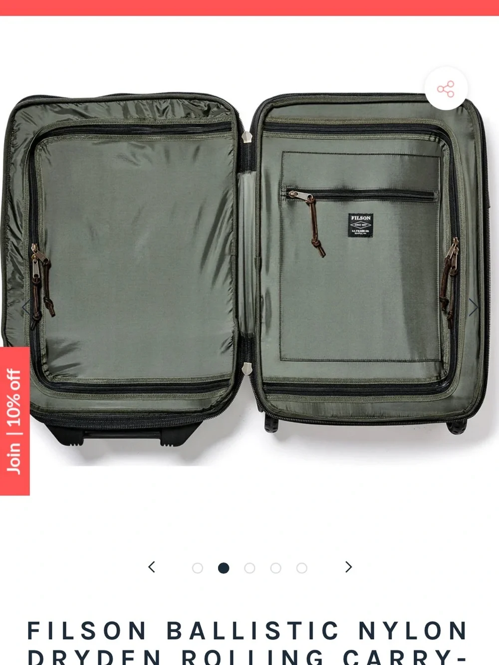 Filson Olive Green Ballistic Nylon Rolling Carry-On Bag